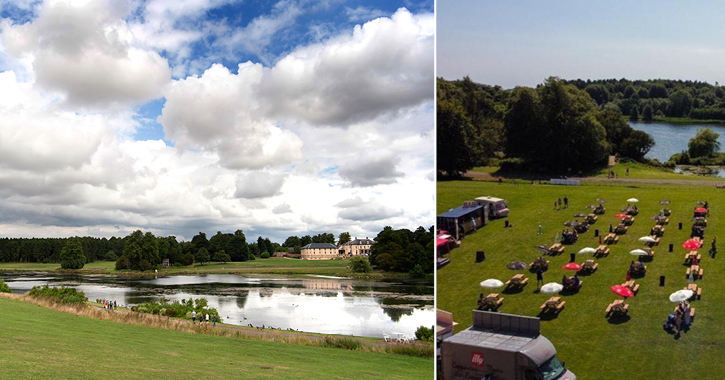 Hardwick Hall Hotel and the beer garden overlooking Hardwick Park